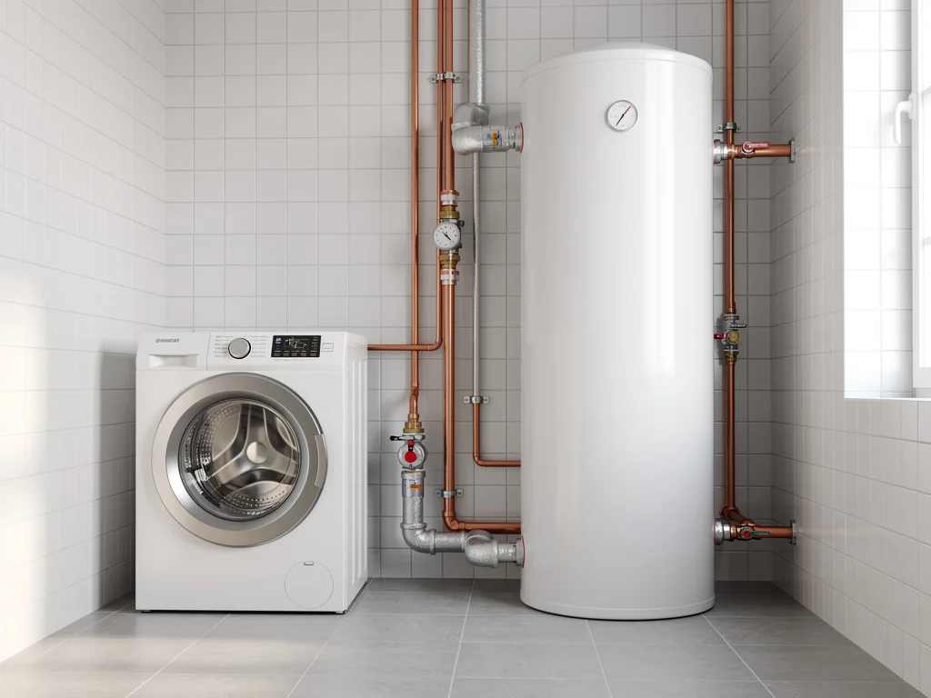 Chauffe-eau thermodynamique raccordé dans une buanderie carrelée