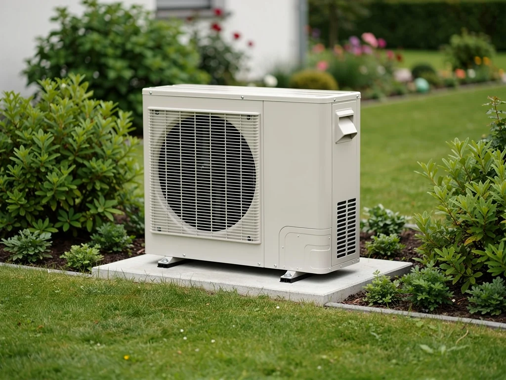 Groupe extérieur de pompe à chaleur air/eau installé au pied d'un jardin